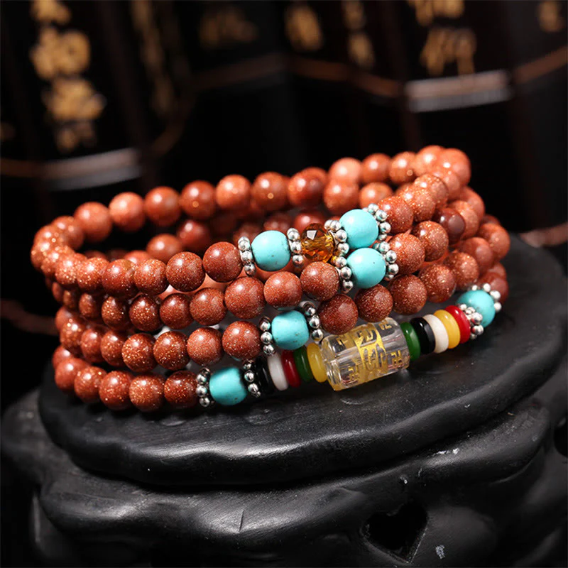 Buddha Stones 108 Mala Beads Goldstone Om Mani Padme Hum Swastika Braccialetto di Fiducia - Image 2