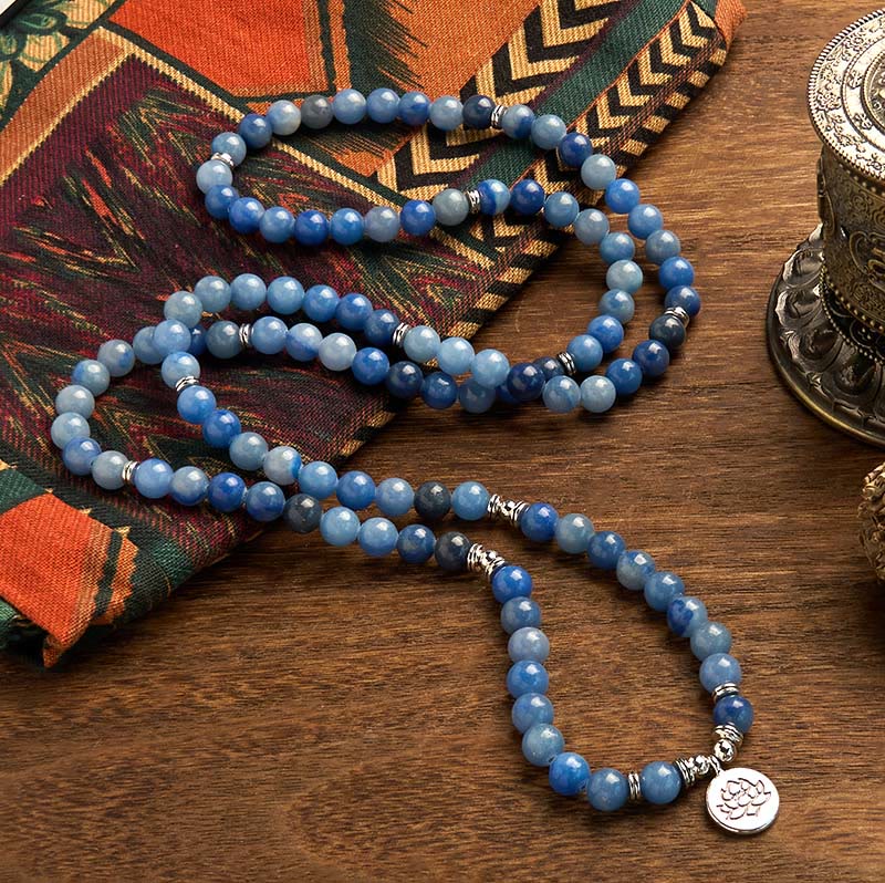 Buddha Stones 108 Mala Beads Multistrato Naturale Blu Aventurina Lotus Bracciale Calma - Image 2