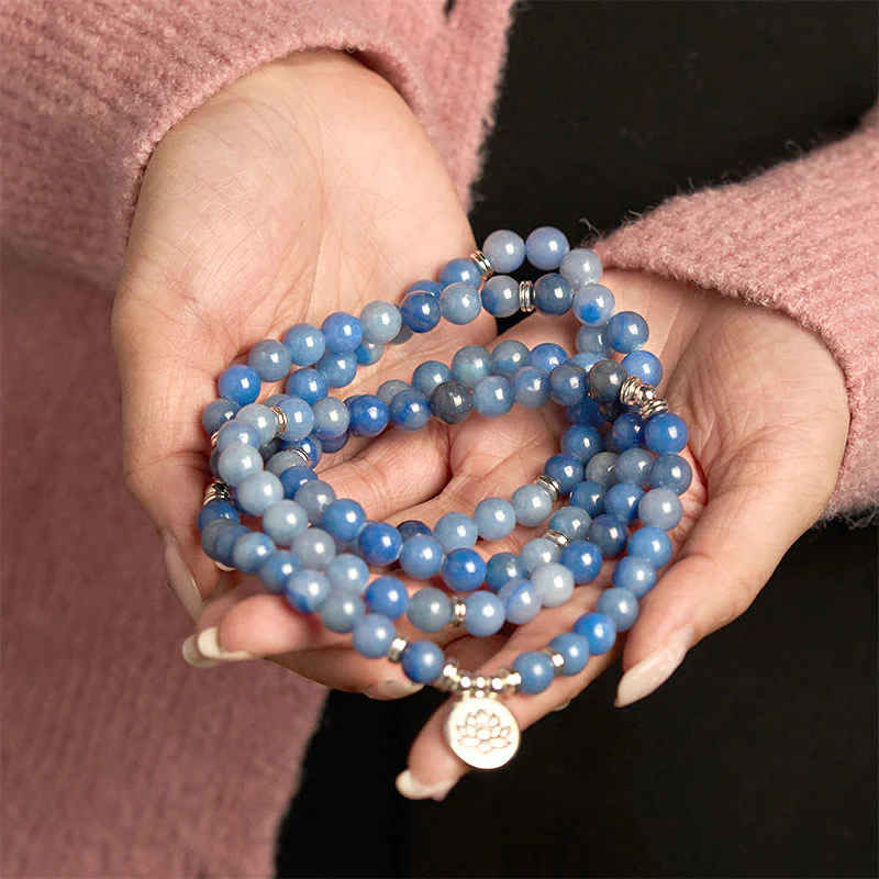 Buddha Stones 108 Mala Beads Multistrato Naturale Blu Aventurina Lotus Bracciale Calma - Image 6