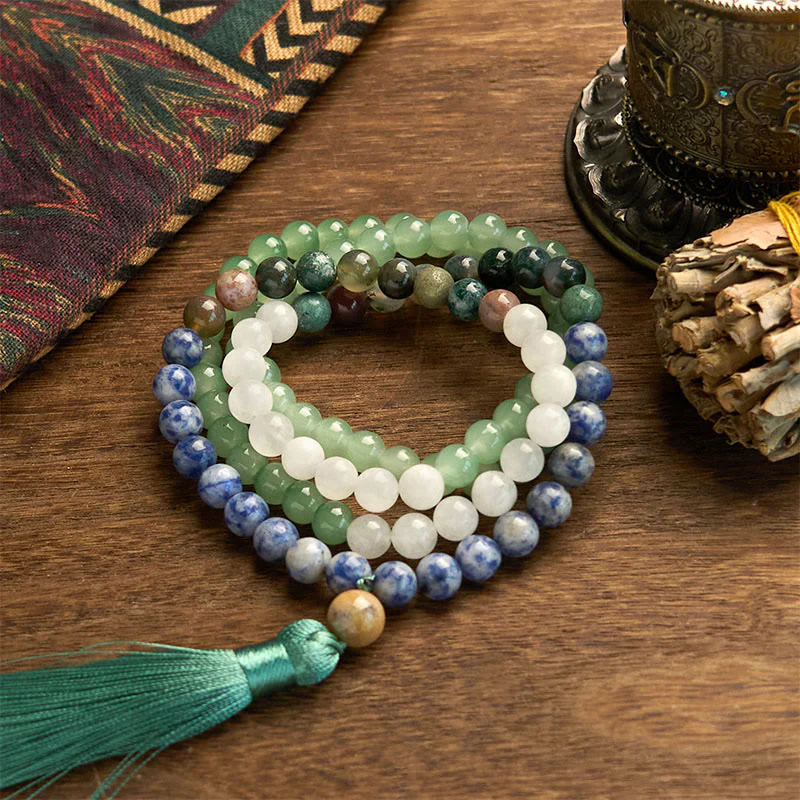 Buddha Stones 108 Mala Beads Natural Green Aventurina Blue Spot Jasper Agata indiana Green Tassel Bracciale portafortuna