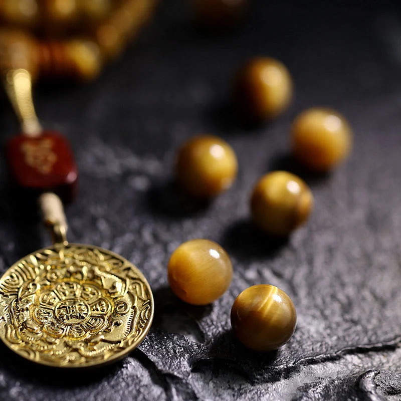 Buddha Stones 108 Mala Beads Natural Tiger Eye Rame Dorje Protezione Nappa Bracciale - Image 11