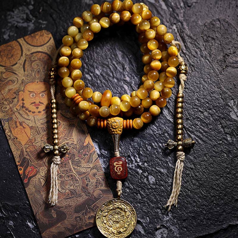 Buddha Stones 108 Mala Beads Natural Tiger Eye Rame Dorje Protezione Nappa Bracciale - Image 17