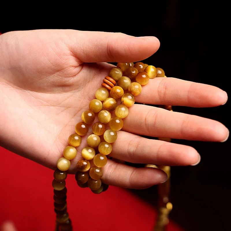 Buddha Stones 108 Mala Beads Natural Tiger Eye Rame Dorje Protezione Nappa Bracciale - Image 18