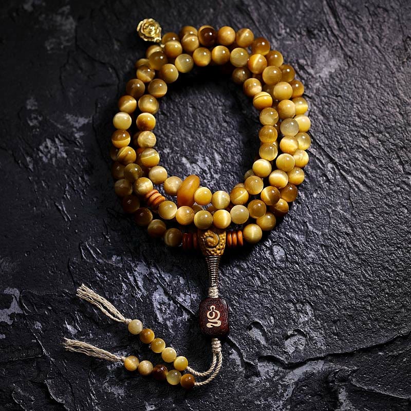 Buddha Stones 108 Mala Beads Natural Tiger Eye Rame Dorje Protezione Nappa Bracciale - Image 19