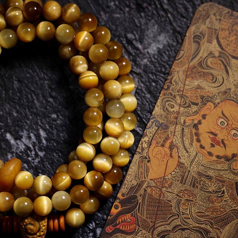 Buddha Stones 108 Mala Beads Natural Tiger Eye Rame Dorje Protezione Nappa Bracciale - Image 2