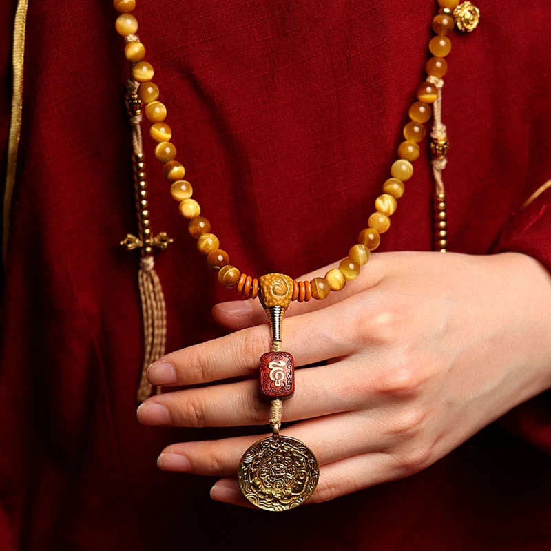 Buddha Stones 108 Mala Beads Natural Tiger Eye Rame Dorje Protezione Nappa Bracciale - Image 21