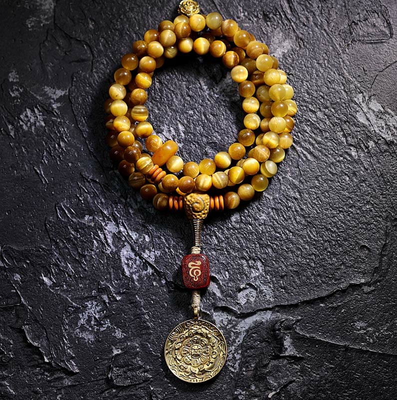 Buddha Stones 108 Mala Beads Natural Tiger Eye Rame Dorje Protezione Nappa Bracciale - Image 23