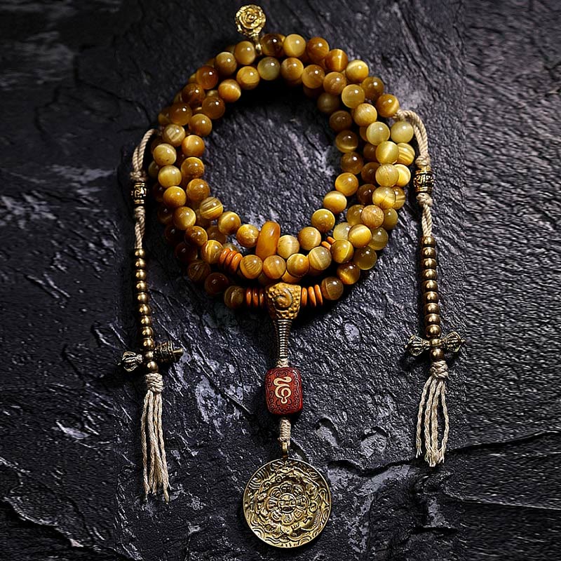 Buddha Stones 108 Mala Beads Natural Tiger Eye Rame Dorje Protezione Nappa Bracciale - Image 25