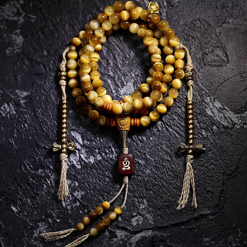Buddha Stones 108 Mala Beads Natural Tiger Eye Rame Dorje Protezione Nappa Bracciale - Image 7