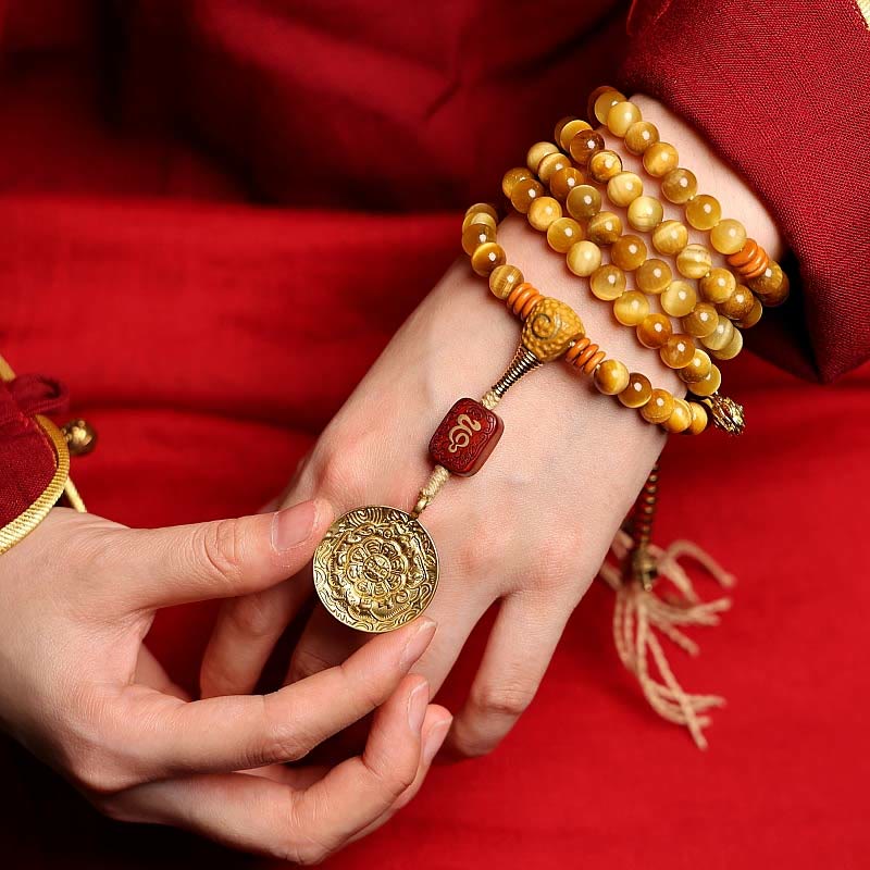 Buddha Stones 108 Mala Beads Natural Tiger Eye Rame Dorje Protezione Nappa Bracciale - Image 9
