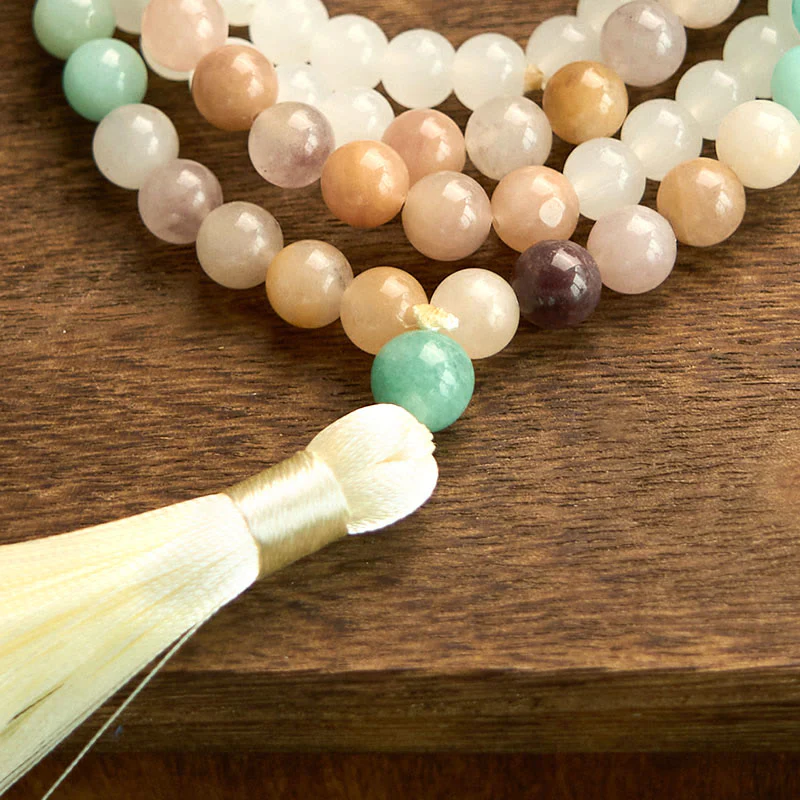 Buddha Stones 108 Mala Beads Natural White Jade Amazzonite White Tassel Braccialetto curativo - Image 10