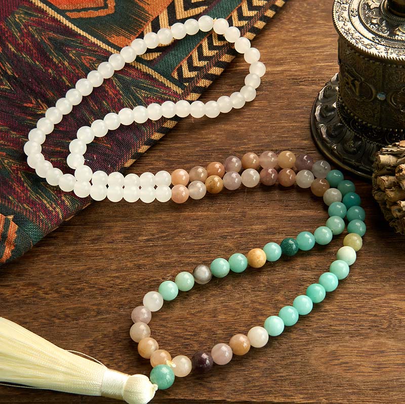 Buddha Stones 108 Mala Beads Natural White Jade Amazzonite White Tassel Braccialetto curativo - Image 2