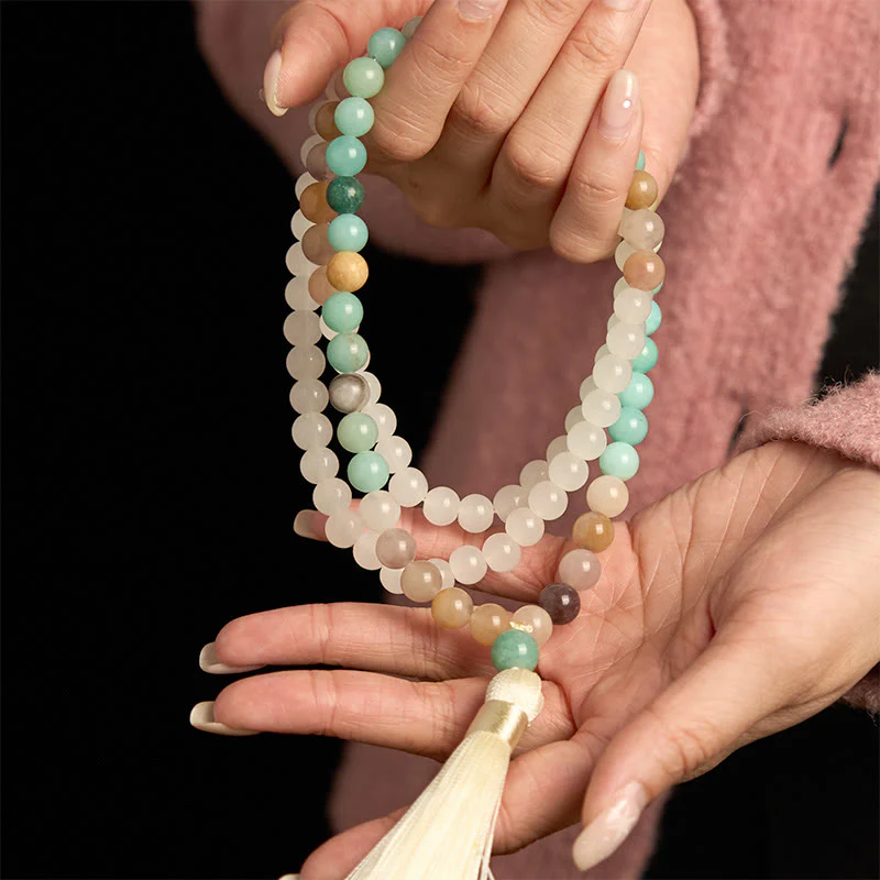 Buddha Stones 108 Mala Beads Natural White Jade Amazzonite White Tassel Braccialetto curativo - Image 4