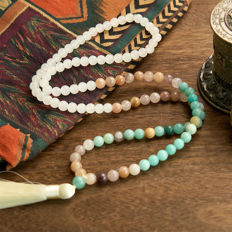 Buddha Stones 108 Mala Beads Natural White Jade Amazzonite White Tassel Braccialetto curativo - Image 5