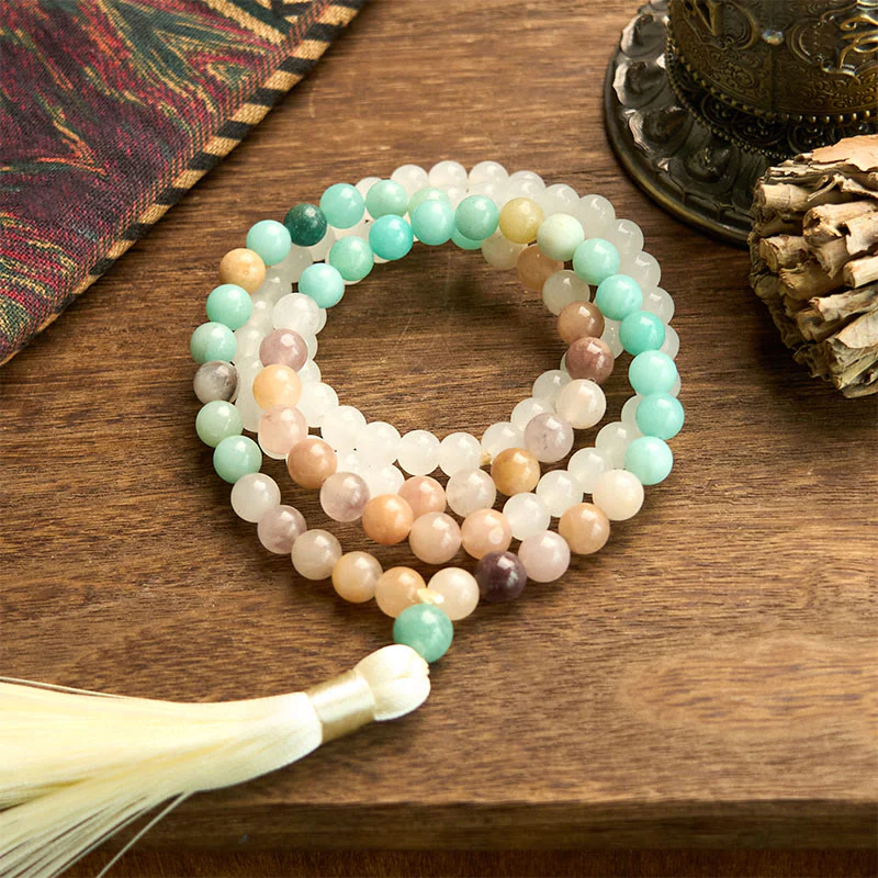 Buddha Stones 108 Mala Beads Natural White Jade Amazzonite White Tassel Braccialetto curativo - Image 6