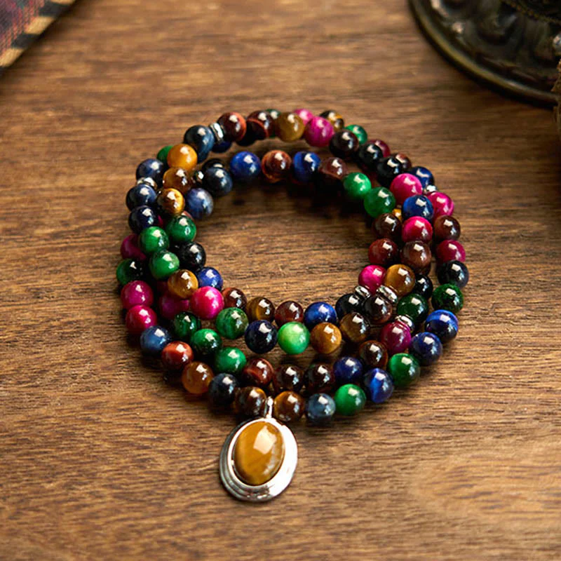 Buddha Stones 108 Mala Beads Naturali Occhio di Tigre Colorato Braccialetto di Protezione Multi-giro