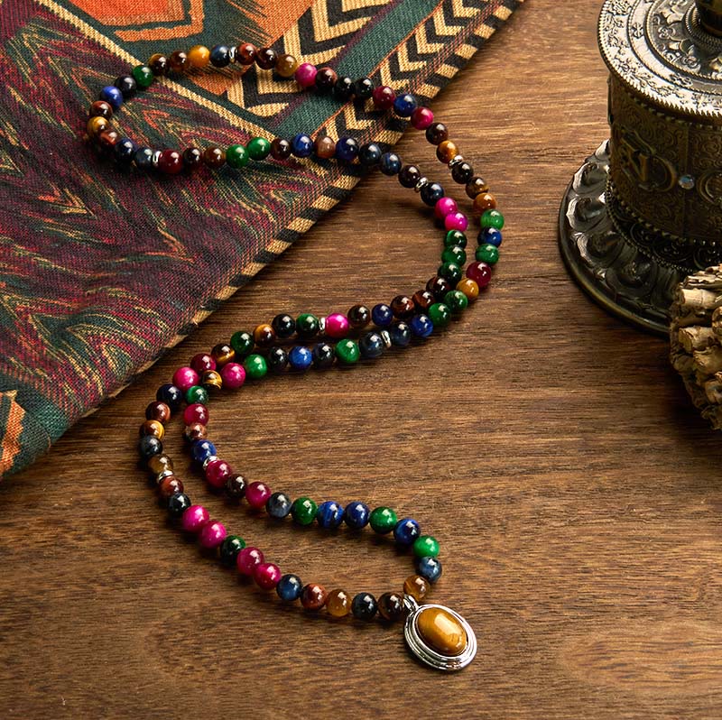 Buddha Stones 108 Mala Beads Naturali Occhio di Tigre Colorato Braccialetto di Protezione Multi-giro - Image 2