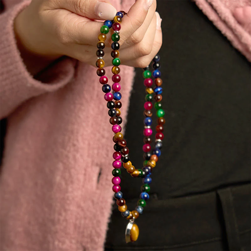 Buddha Stones 108 Mala Beads Naturali Occhio di Tigre Colorato Braccialetto di Protezione Multi-giro - Image 3