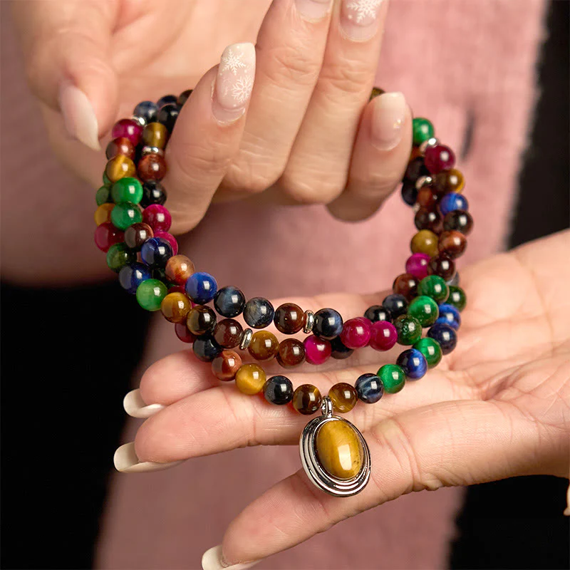 Buddha Stones 108 Mala Beads Naturali Occhio di Tigre Colorato Braccialetto di Protezione Multi-giro - Image 4
