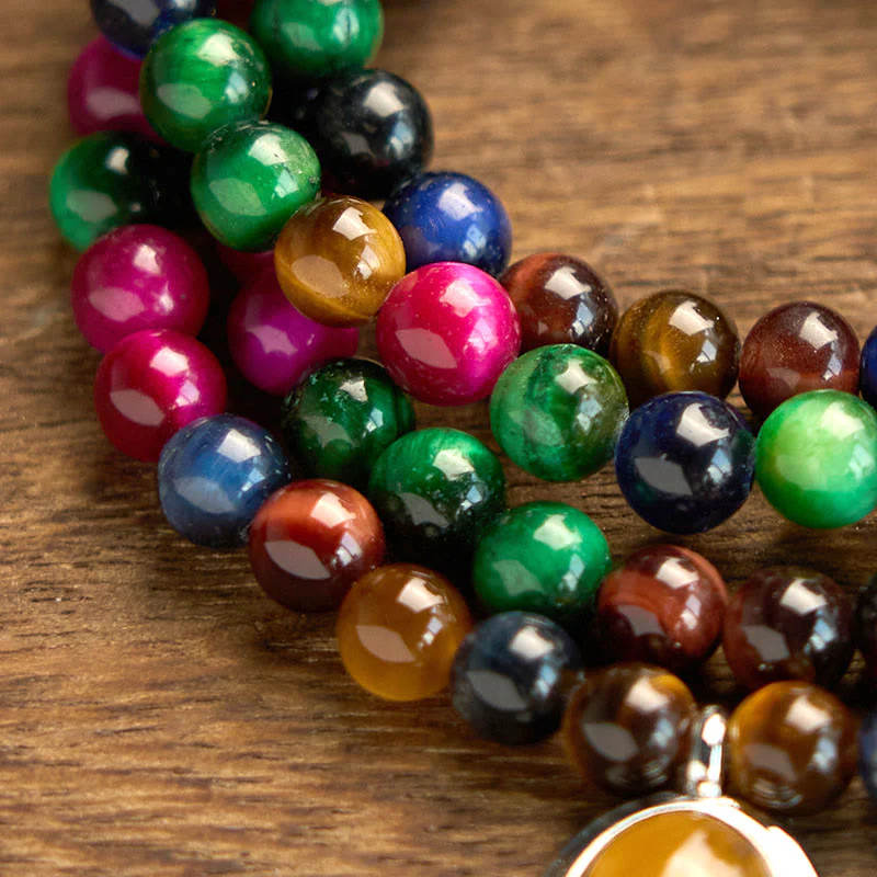 Buddha Stones 108 Mala Beads Naturali Occhio di Tigre Colorato Braccialetto di Protezione Multi-giro - Image 7