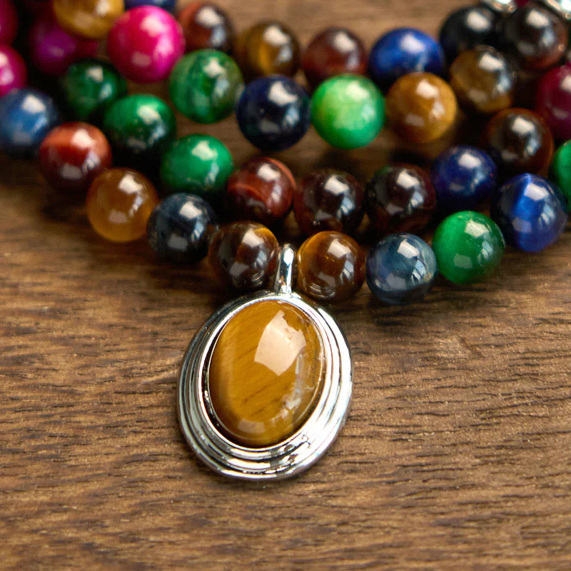 Buddha Stones 108 Mala Beads Naturali Occhio di Tigre Colorato Braccialetto di Protezione Multi-giro - Image 8