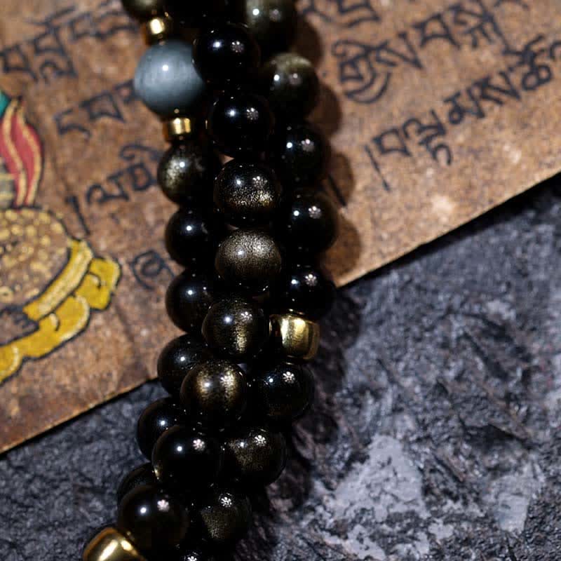 Buddha Stones 108 Mala Beads Oro Lucente Ossidiana Occhio di Tigre Pietra Occhio d'Aquila Bracciale della Ricchezza - Image 15