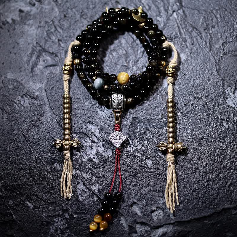 Buddha Stones 108 Mala Beads Oro Lucente Ossidiana Occhio di Tigre Pietra Occhio d'Aquila Bracciale della Ricchezza - Image 19