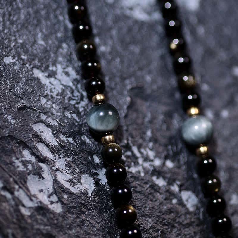 Buddha Stones 108 Mala Beads Oro Lucente Ossidiana Occhio di Tigre Pietra Occhio d'Aquila Bracciale della Ricchezza - Image 3