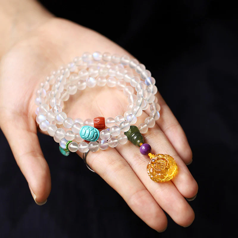 Buddha Stones 108 Mala Beads Pietra di luna Ambra Loto Turchese Cristallo Braccialetto curativo - Image 5