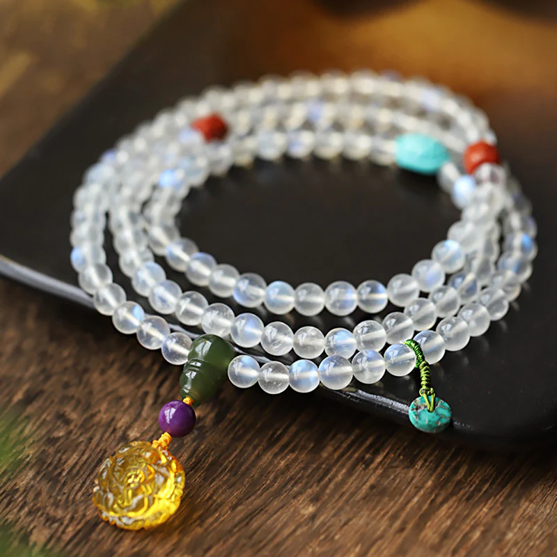 Buddha Stones 108 Mala Beads Pietra di luna Ambra Loto Turchese Cristallo Braccialetto curativo - Image 8