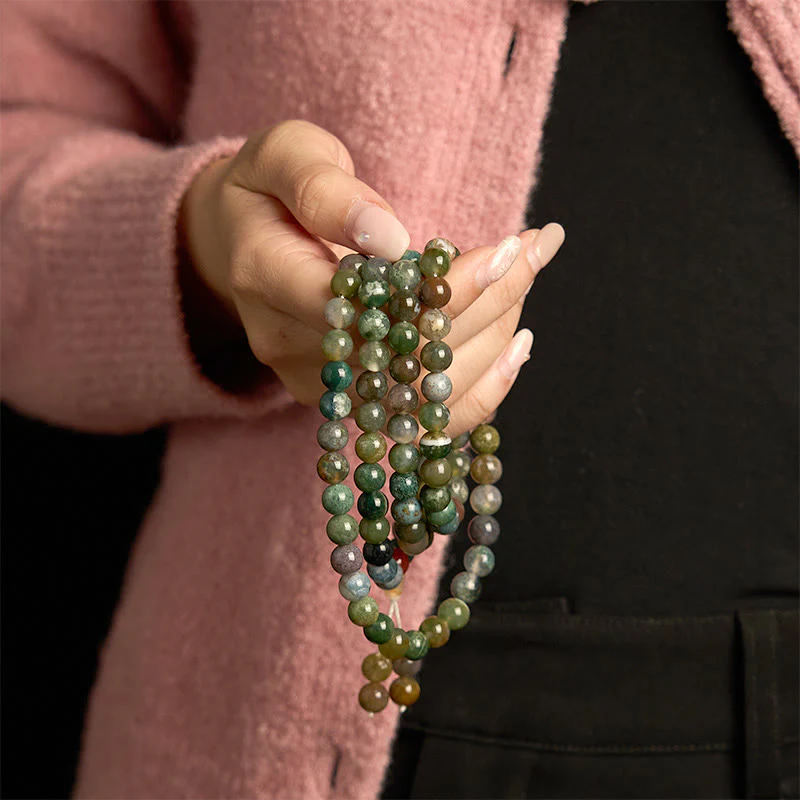 Buddha Stones 108 Mala Beads Pietra naturale Agata muschiata Bracciale multigiro di guarigione - Image 5