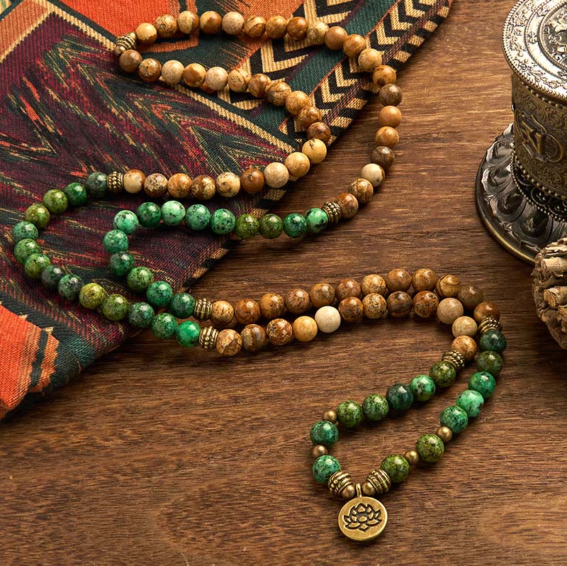Buddha Stones 108 Mala Beads Pietra Naturale Jasper Turchese Lotus Braccialetto Positivo - Image 2