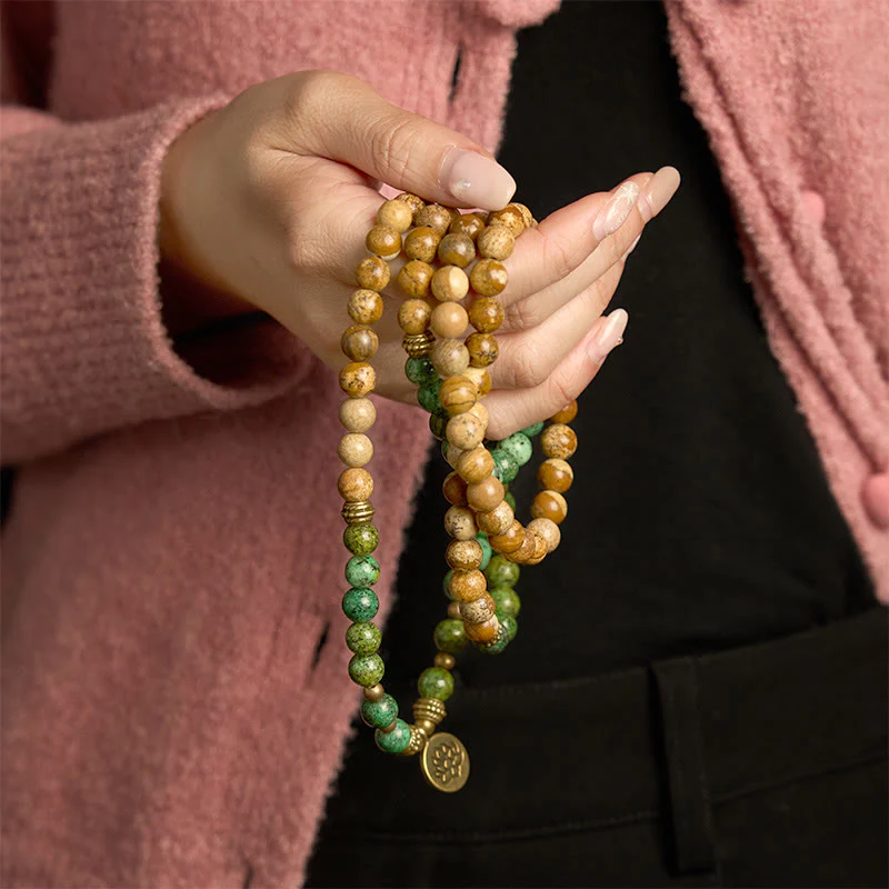 Buddha Stones 108 Mala Beads Pietra Naturale Jasper Turchese Lotus Braccialetto Positivo - Image 3