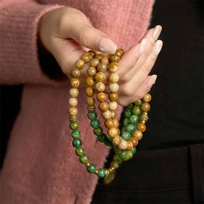 Buddha Stones 108 Mala Beads Pietra Naturale Jasper Turchese Lotus Braccialetto Positivo - Image 4