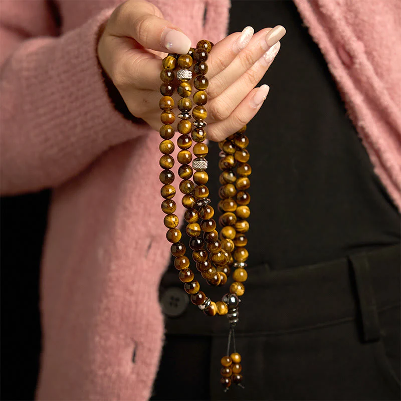 Buddha Stones 108 Mala Beads Pietra naturale Occhio di tigre Braccialetto di protezione multi-giro - Image 3
