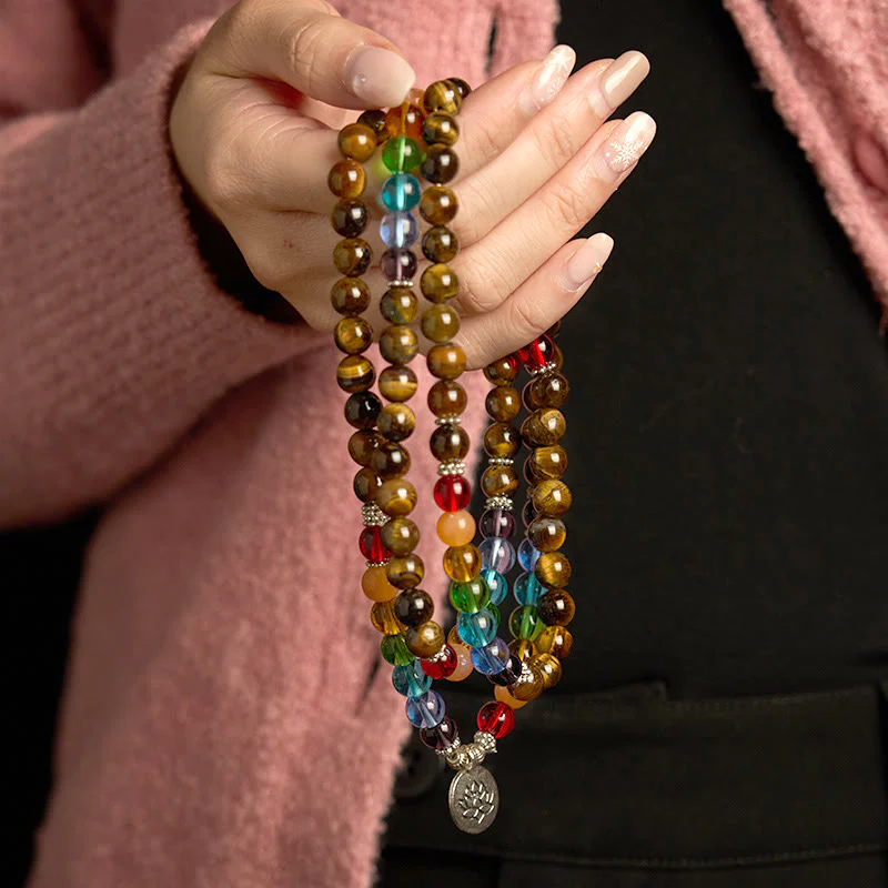 Buddha Stones 108 Mala Beads Pietra naturale Occhio di tigre Perle colorate Braccialetto di protezione del loto - Image 3