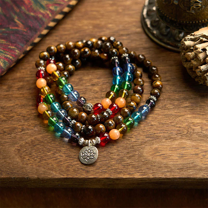Buddha Stones 108 Mala Beads Pietra naturale Occhio di tigre Perle colorate Braccialetto di protezione del loto - Image 5