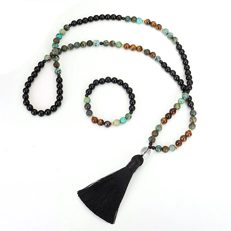 Buddha Stones 108 Mala Beads Pietra naturale Occhio di tigre Turchese Protezione Forza Bracciale Collana - Image 10