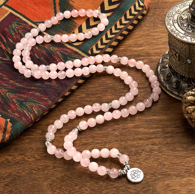 Buddha Stones 108 Mala Beads Pietra naturale Quarzo rosa Braccialetto di loto della pace - Image 2