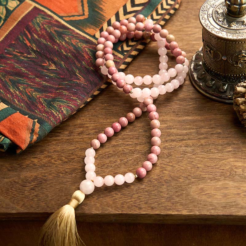 Buddha Stones 108 Mala Beads Rhodonite Rosa Quarzo Nappa Braccialetto Curativo - Image 9
