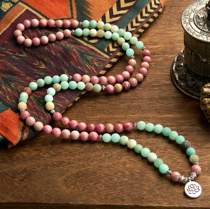 Buddha Stones 108 Mala Beads Rodonite Amazzonite Lotus Braccialetto curativo - Image 2