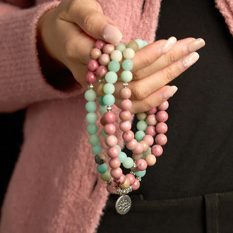 Buddha Stones 108 Mala Beads Rodonite Amazzonite Lotus Braccialetto curativo - Image 3