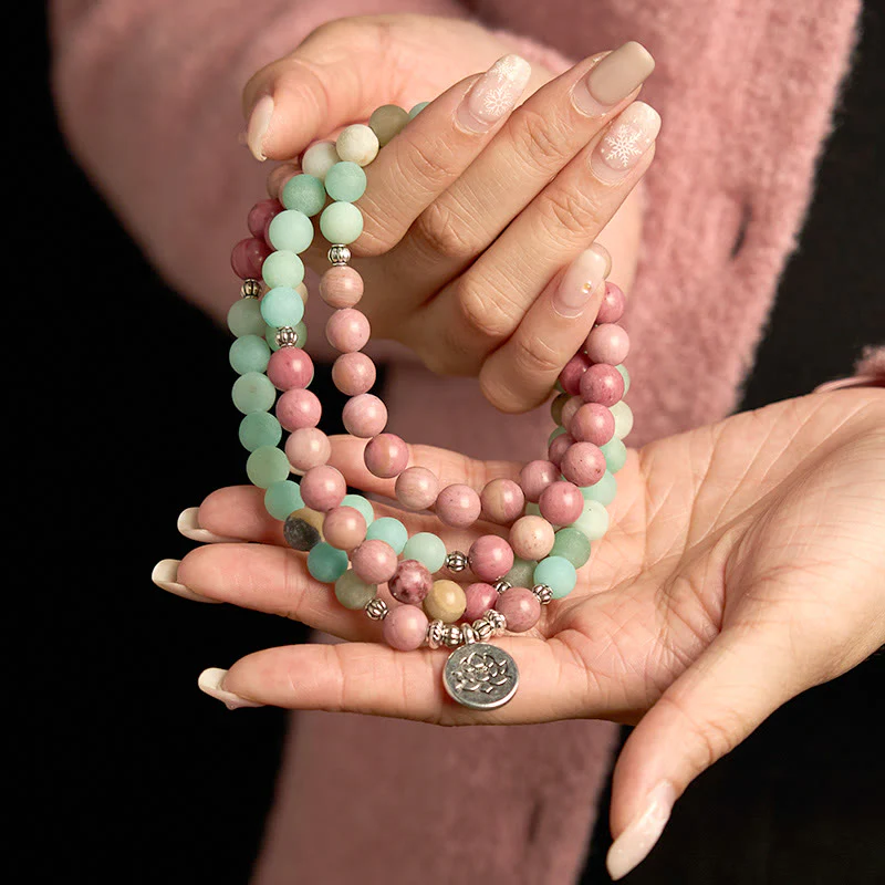 Buddha Stones 108 Mala Beads Rodonite Amazzonite Lotus Braccialetto curativo - Image 4