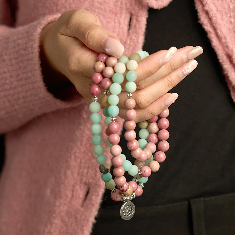 Buddha Stones 108 Mala Beads Rodonite Amazzonite Lotus Braccialetto curativo - Image 5