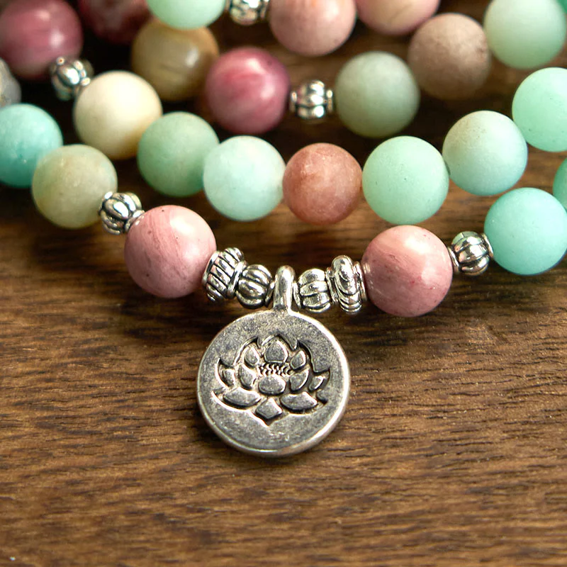Buddha Stones 108 Mala Beads Rodonite Amazzonite Lotus Braccialetto curativo - Image 6
