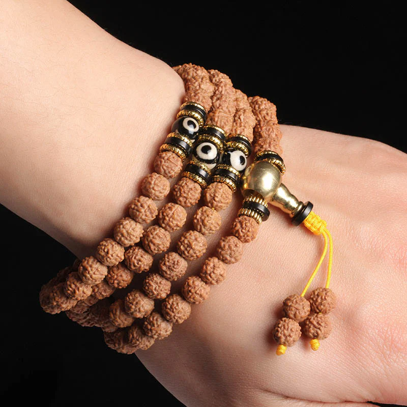 Buddha Stones 108 Mala Beads Rudraksha Bodhi Seed Dzi Bead Braccialetto Fortuna Ricchezza - Image 6