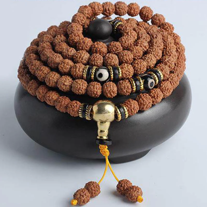 Buddha Stones 108 Mala Beads Rudraksha Bodhi Seed Dzi Bead Braccialetto Fortuna Ricchezza - Image 8