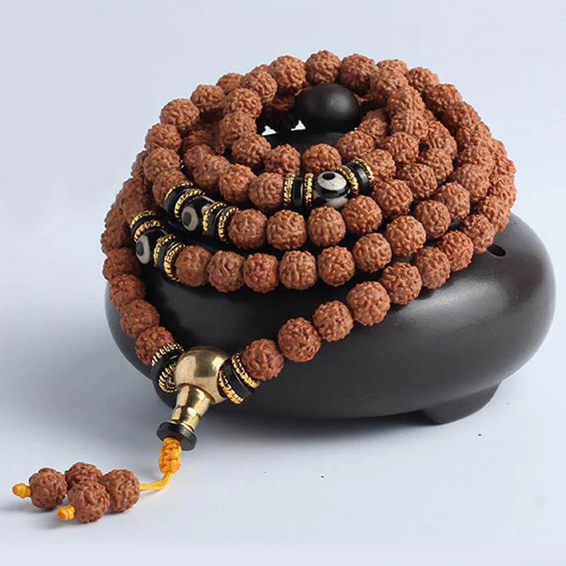Buddha Stones 108 Mala Beads Rudraksha Bodhi Seed Dzi Bead Braccialetto Fortuna Ricchezza - Image 9