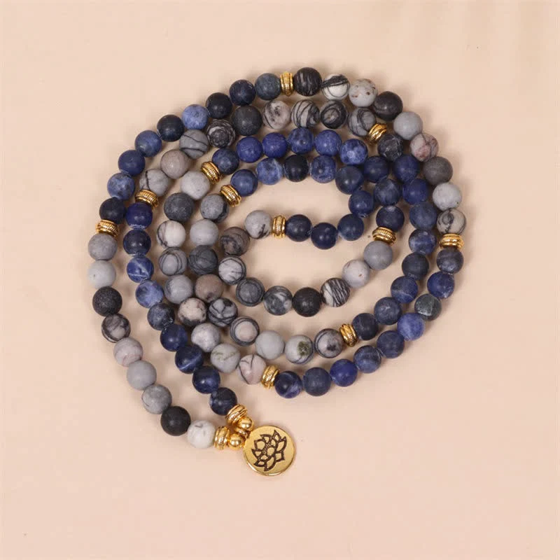 Buddha Stones 108 Mala Beads Sodalite Zebra Jasper Cristallo Lotus Strength Bracciale - Image 3