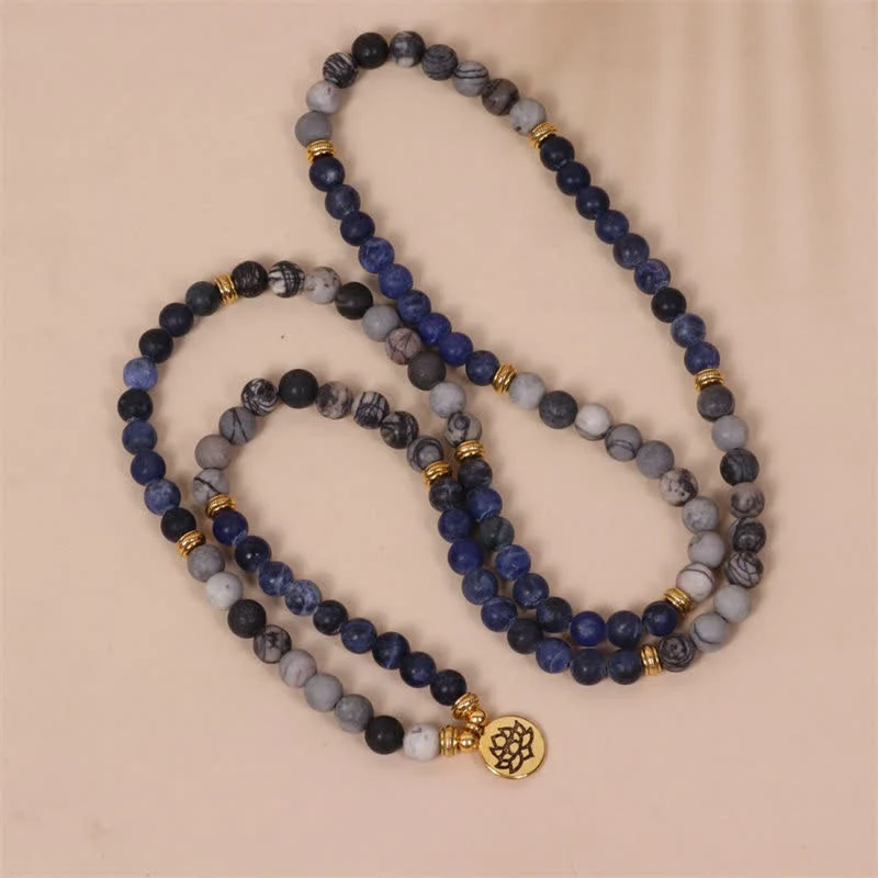Buddha Stones 108 Mala Beads Sodalite Zebra Jasper Cristallo Lotus Strength Bracciale - Image 4